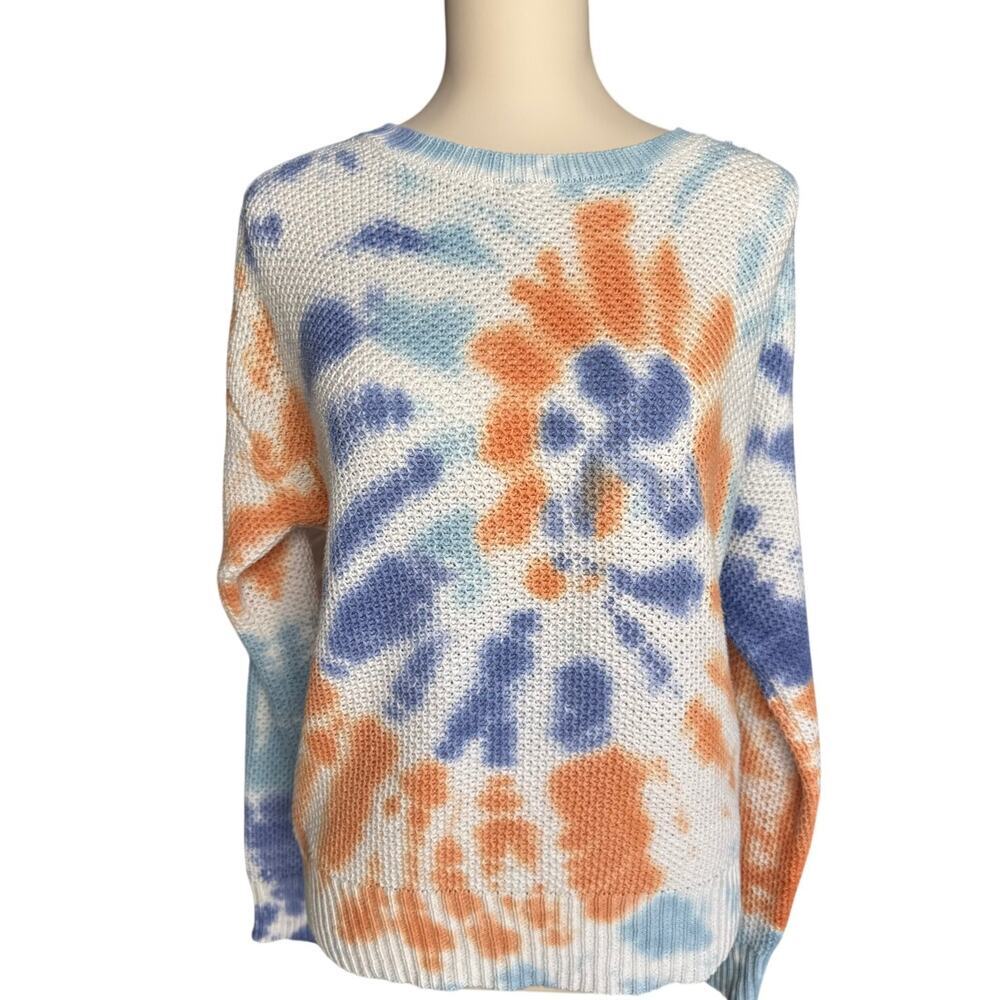 Ruby Rd. Blue Orange Tie Dye Relaxed Fit Open Knit Lightweight Sweater Small